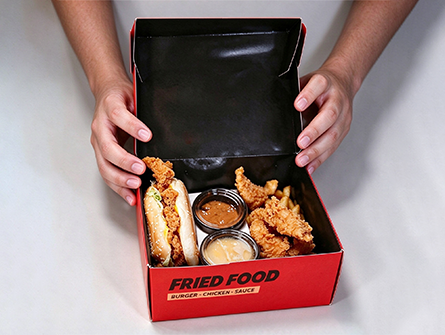 Customized Red Square Flap Chicken BoxCustomized Flip-top Chicken Box With Dipping Sauce